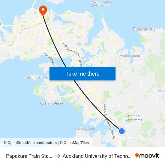 Papakura Train Station to Auckland University of Technology map