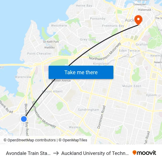 Avondale Train Station to Auckland University of Technology map