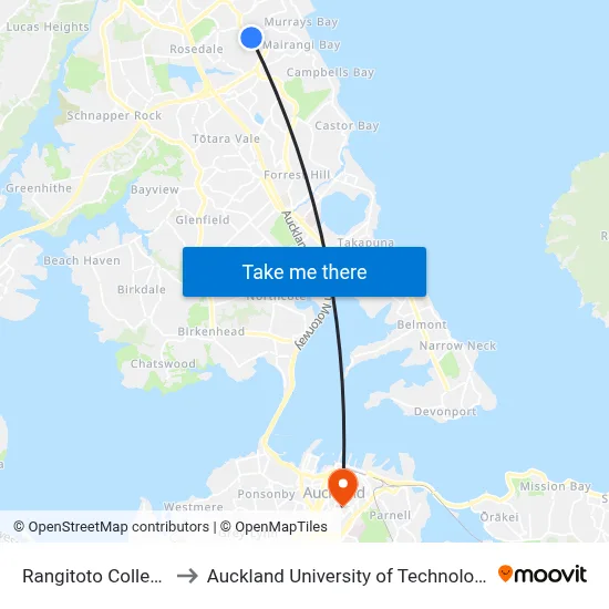 Rangitoto College to Auckland University of Technology map