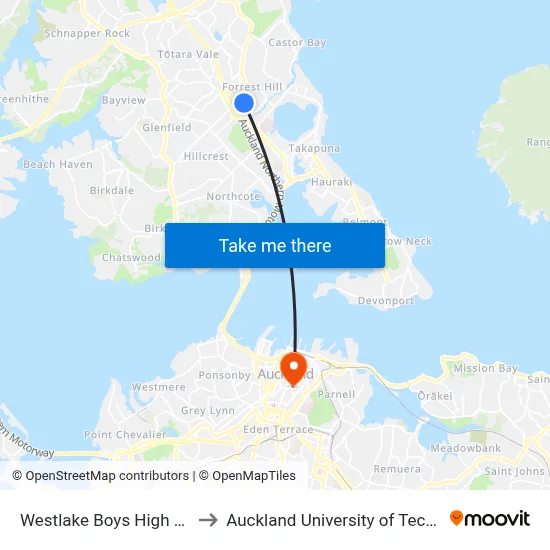 Westlake Boys High School to Auckland University of Technology map