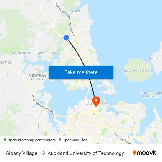 Albany Village to Auckland University of Technology map