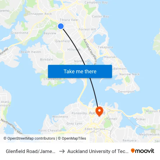 Glenfield Road/James Street to Auckland University of Technology map