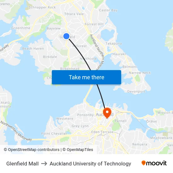 Glenfield Mall to Auckland University of Technology map