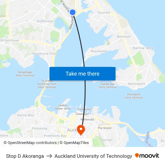 Stop D Akoranga to Auckland University of Technology map