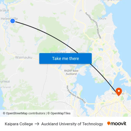 Kaipara College to Auckland University of Technology map
