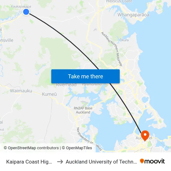Kaipara Coast Highway to Auckland University of Technology map