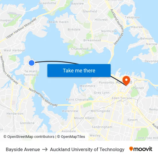 Bayside Avenue to Auckland University of Technology map