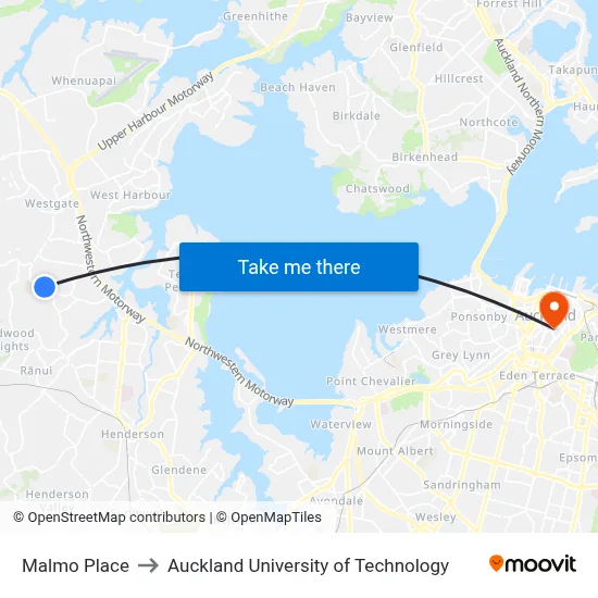 Malmo Place to Auckland University of Technology map