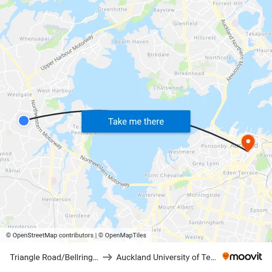 Triangle Road/Bellringer Road to Auckland University of Technology map