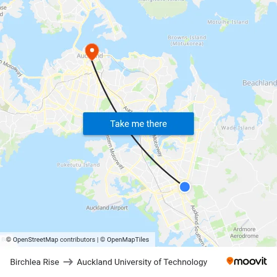 Birchlea Rise to Auckland University of Technology map