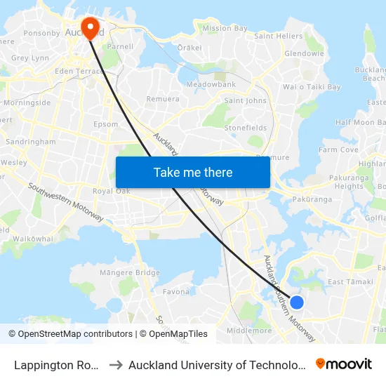 Lappington Road to Auckland University of Technology map