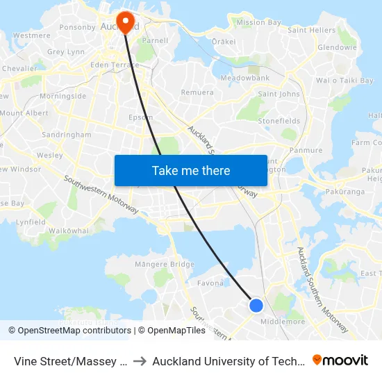Vine Street/Massey Road to Auckland University of Technology map