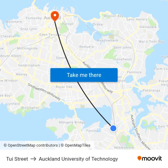 Tui Street to Auckland University of Technology map