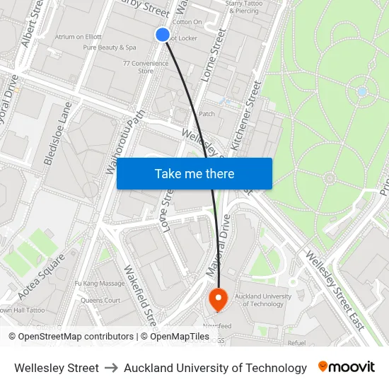 Wellesley Street to Auckland University of Technology map
