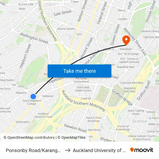 Ponsonby Road/Karangahape Road to Auckland University of Technology map