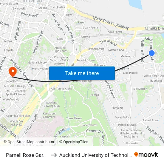 Parnell Rose Garden to Auckland University of Technology map