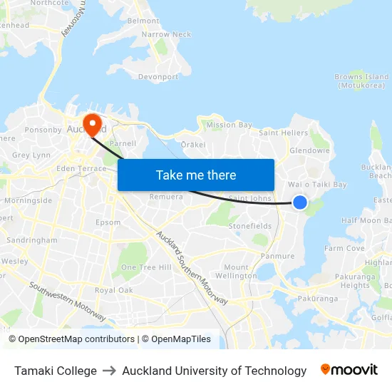 Tamaki College to Auckland University of Technology map