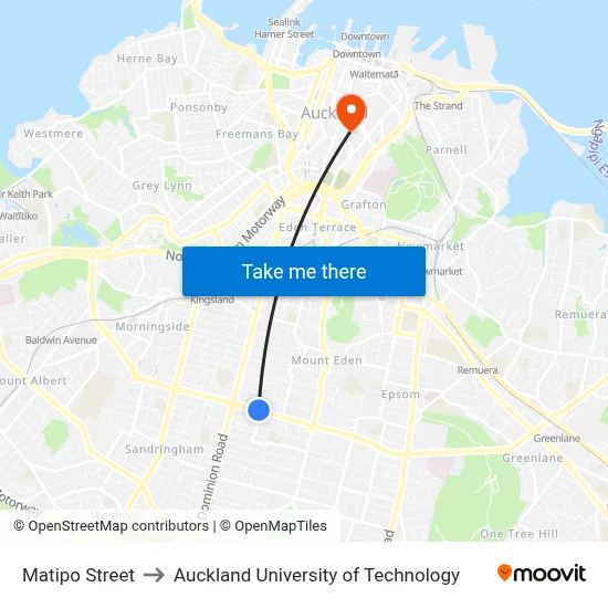 Matipo Street to Auckland University of Technology map
