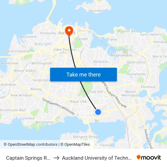 Captain Springs Road to Auckland University of Technology map