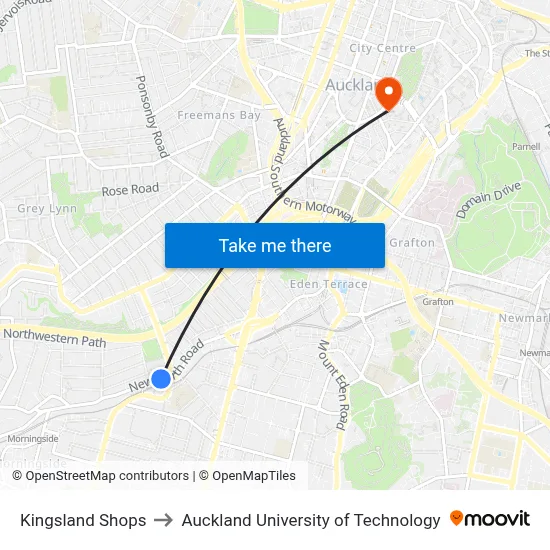 Kingsland Shops to Auckland University of Technology map