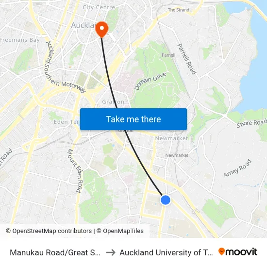 Manukau Road/Great South Road to Auckland University of Technology map