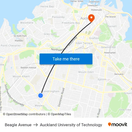 Beagle Avenue to Auckland University of Technology map