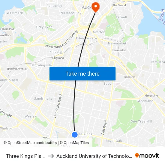 Three Kings Plaza to Auckland University of Technology map