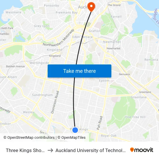 Three Kings Shops to Auckland University of Technology map