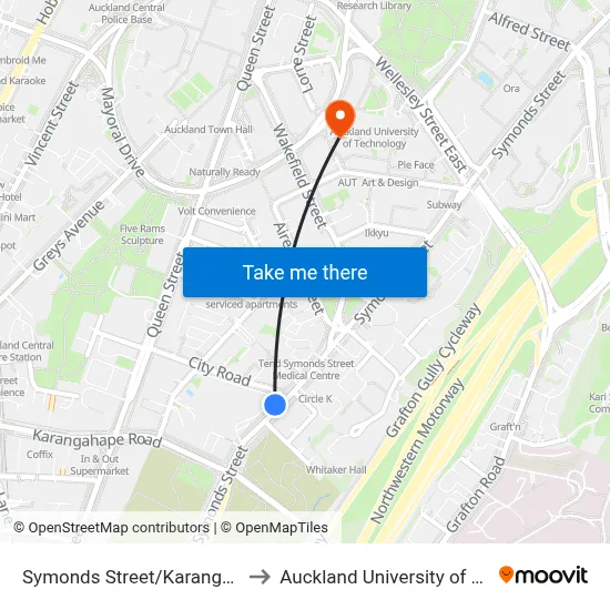 Symonds Street/Karangahape Road to Auckland University of Technology map
