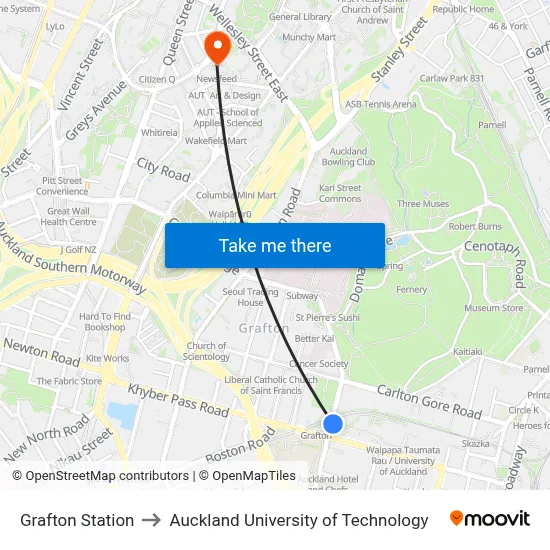 Grafton Station to Auckland University of Technology map