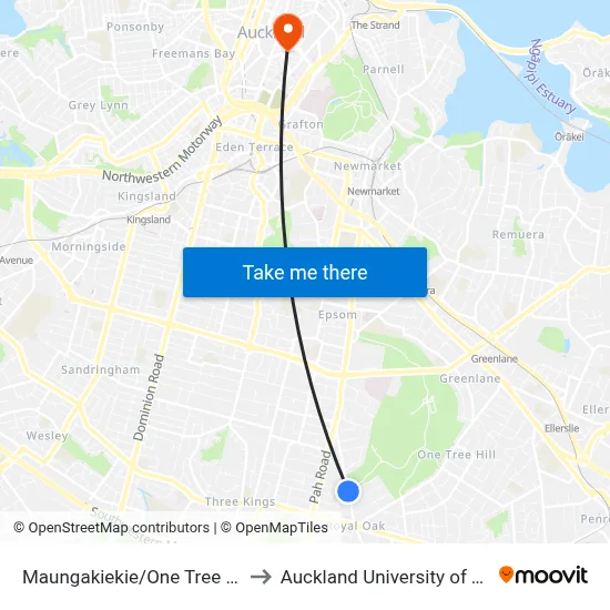 Maungakiekie/One Tree Hill Domain to Auckland University of Technology map