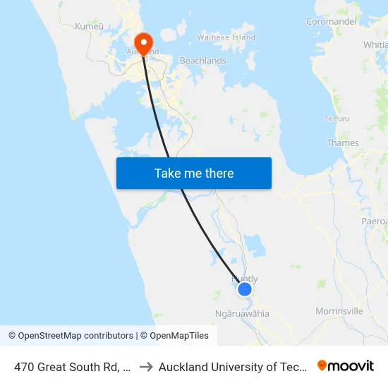 470 Great South Rd, Huntly to Auckland University of Technology map
