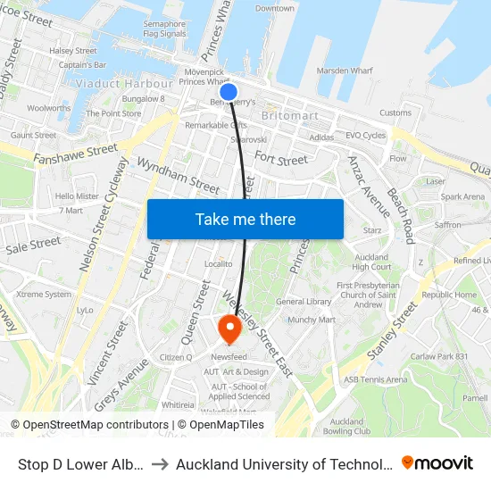 Stop D Lower Albert to Auckland University of Technology map