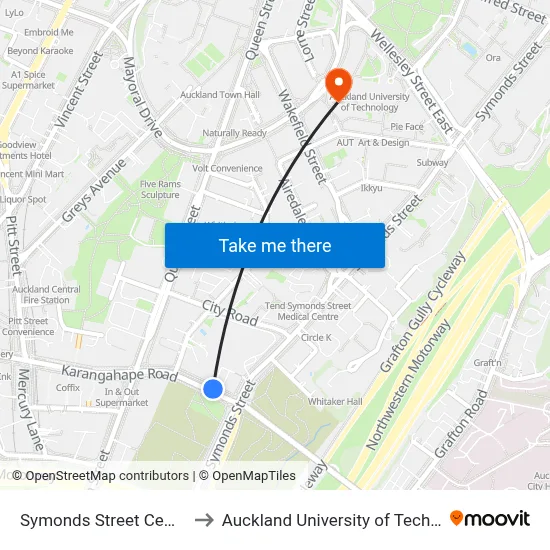 Symonds Street Cemetery to Auckland University of Technology map