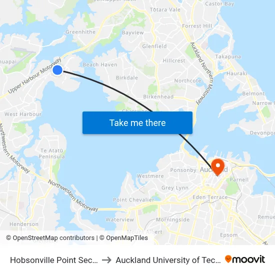 Hobsonville Point Secondary to Auckland University of Technology map