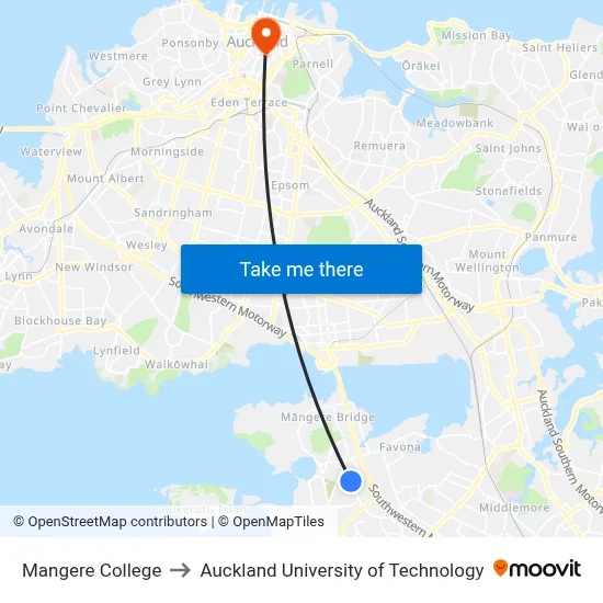 Mangere College to Auckland University of Technology map