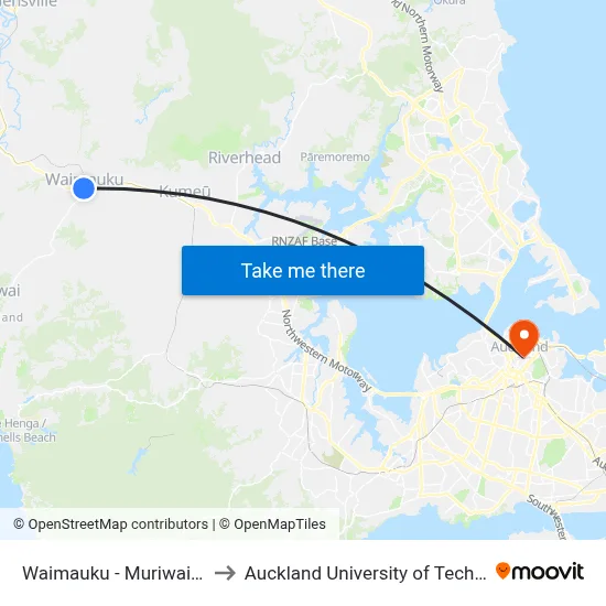 Waimauku - Muriwai Road to Auckland University of Technology map