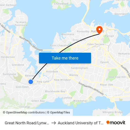 Great North Road/Lynwood Road to Auckland University of Technology map
