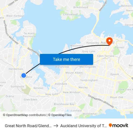 Great North Road/Glendene Shops to Auckland University of Technology map