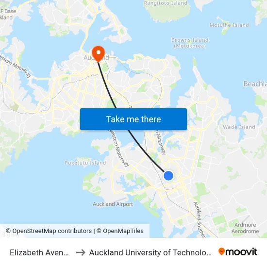 Elizabeth Avenue to Auckland University of Technology map