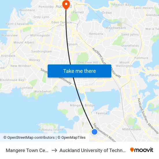 Mangere Town Centre to Auckland University of Technology map