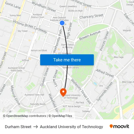 Durham Street to Auckland University of Technology map