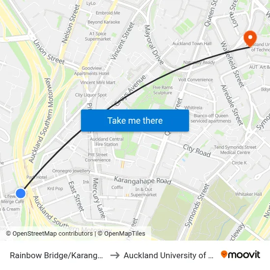Rainbow Bridge/Karangahape Road to Auckland University of Technology map