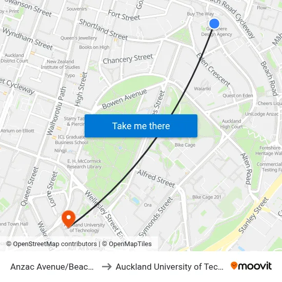 Anzac Avenue/Beach Road to Auckland University of Technology map