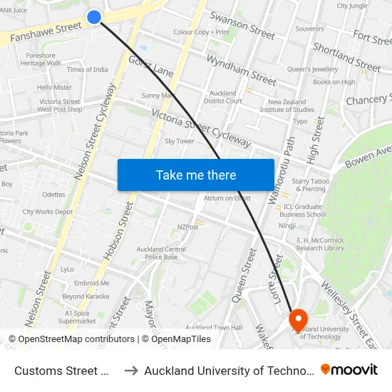 Customs Street West to Auckland University of Technology map