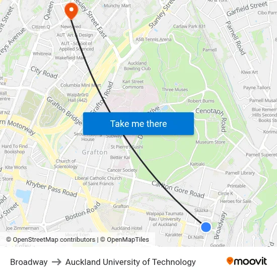 Broadway to Auckland University of Technology map