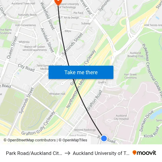 Park Road/Auckland City Hospital to Auckland University of Technology map