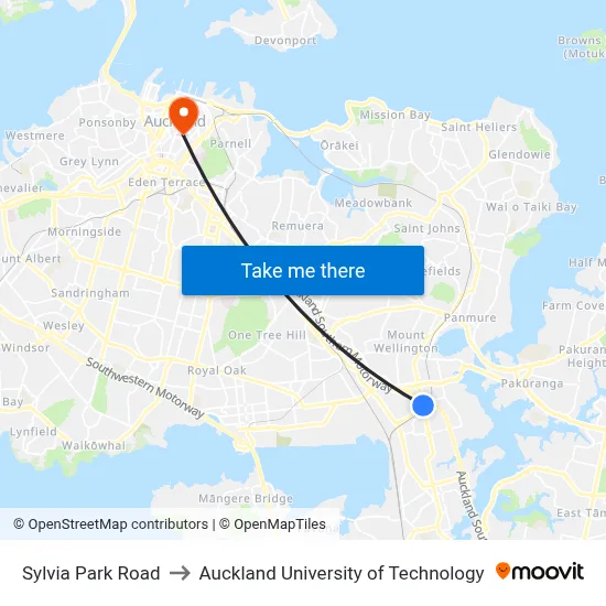 Sylvia Park Road to Auckland University of Technology map