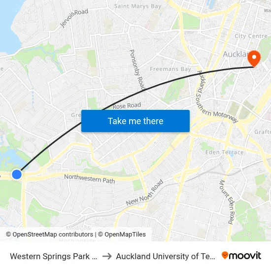 Western Springs Park & Motat to Auckland University of Technology map