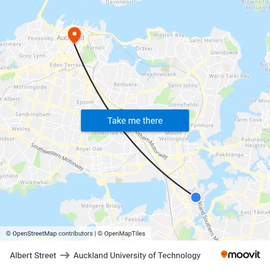 Albert Street to Auckland University of Technology map